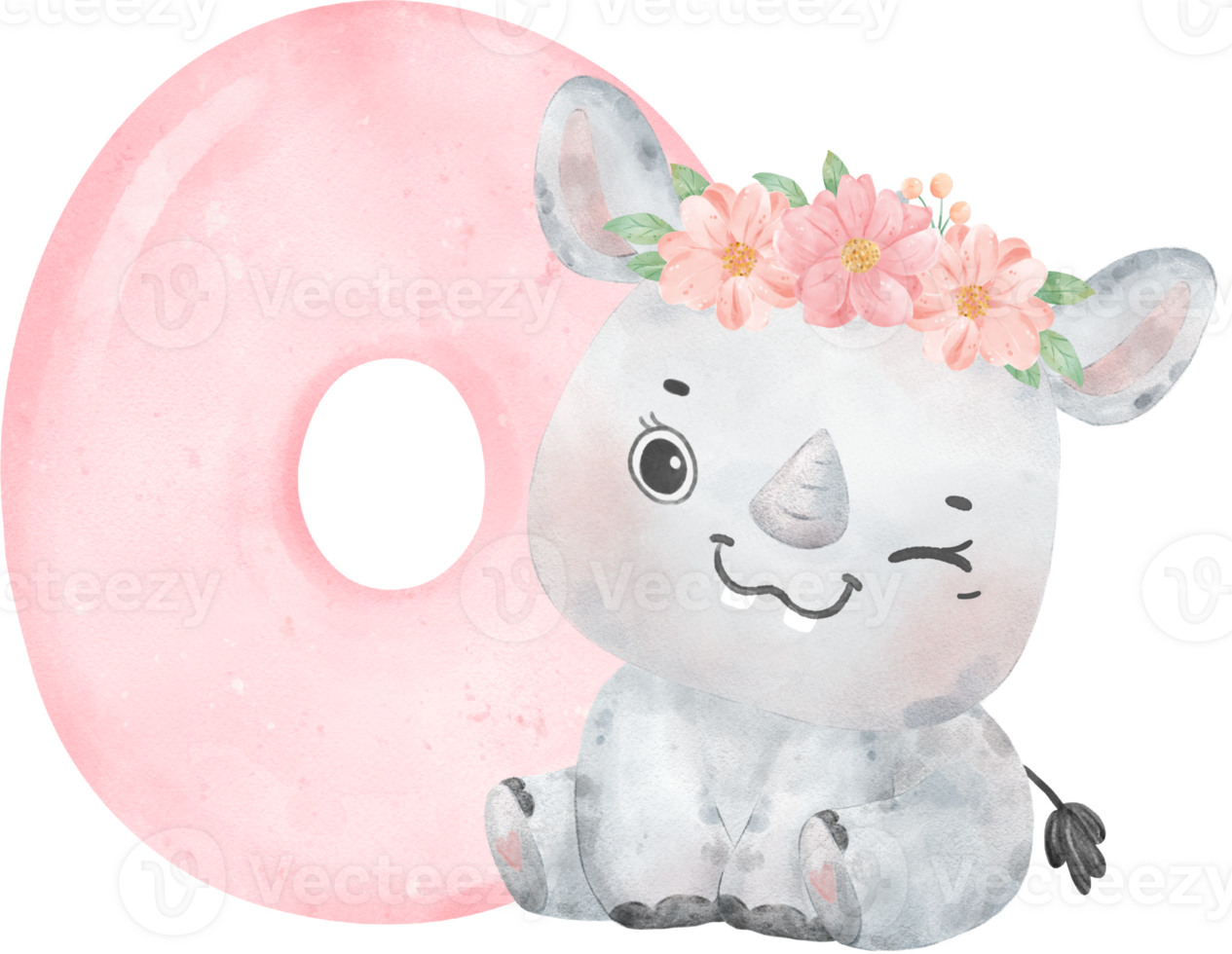 Watercolor Illustration of a Cute and Cheerful Baby Rhinoceros Wearing a Flower Crown with a Pink Number zero,0. png