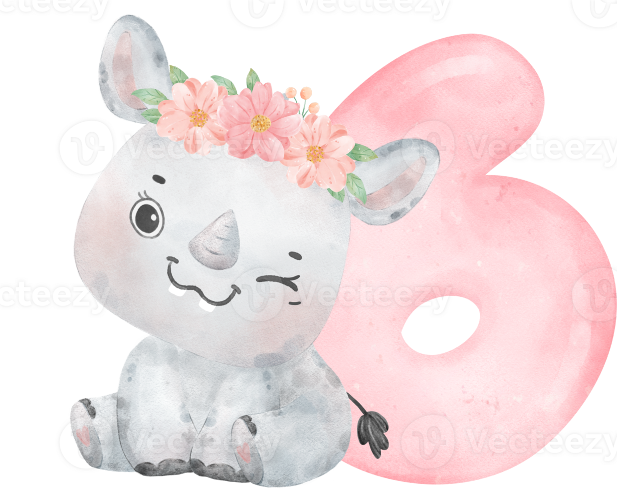 aguarela ilustração do uma fofa e alegre bebê rinoceronte vestindo uma flor coroa com uma Rosa número seis, 6. png
