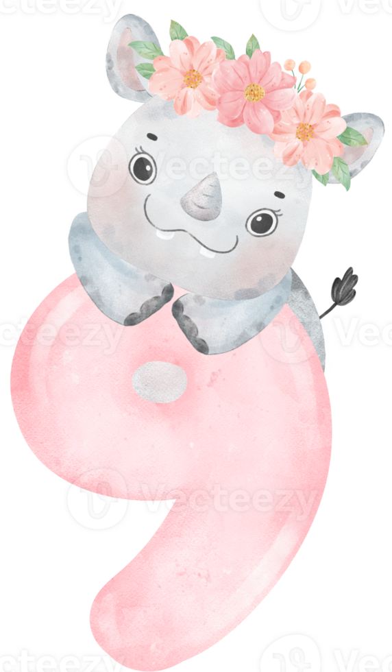 Watercolor Illustration of a Cute and Cheerful Baby Rhinoceros Wearing a Flower Crown with a Pink Number nine,9. png
