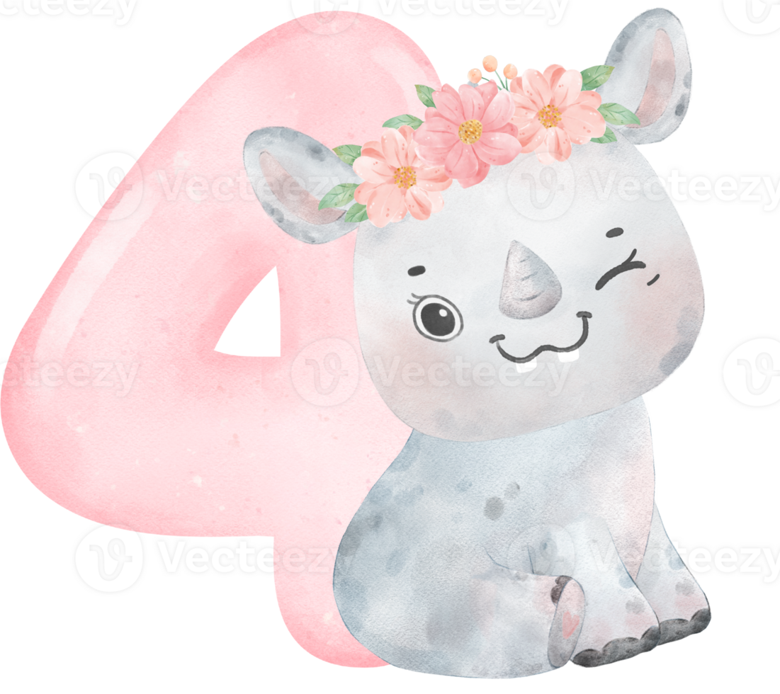 Watercolor Illustration of a Cute and Cheerful Baby Rhinoceros Wearing a Flower Crown with a Pink Number four, 4. png
