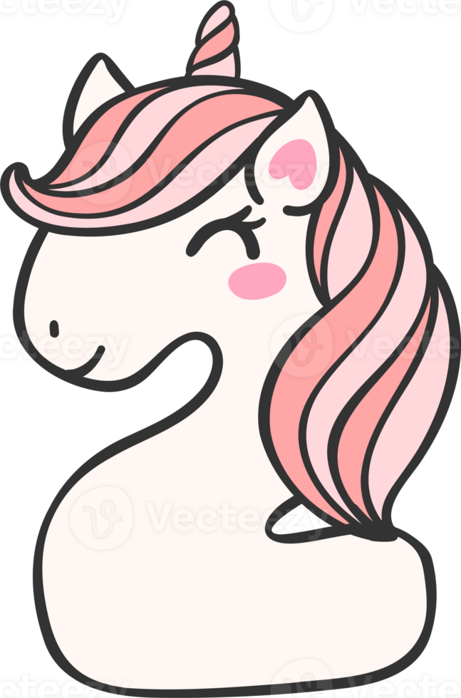 cute unicorn doodle number 2, two is a pink kawaii cartoon illustration with a unicorn head that is perfect for kids. png