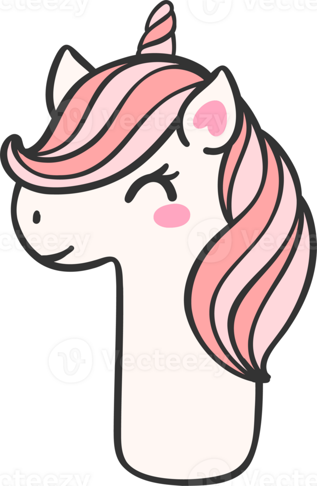 cute unicorn doodle number 1, one is a pink kawaii cartoon illustration with a unicorn head that is perfect for kids. png