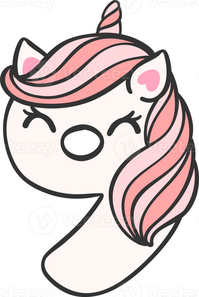 cute unicorn doodle number 9, nine is a pink kawaii cartoon illustration with a unicorn head that is perfect for kids. png
