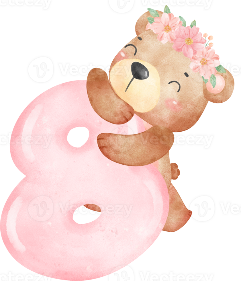 Baby Bear Birthday Girl with Numbers 8, Wearing Flower Crown,Watercolor Nursery PNG Set