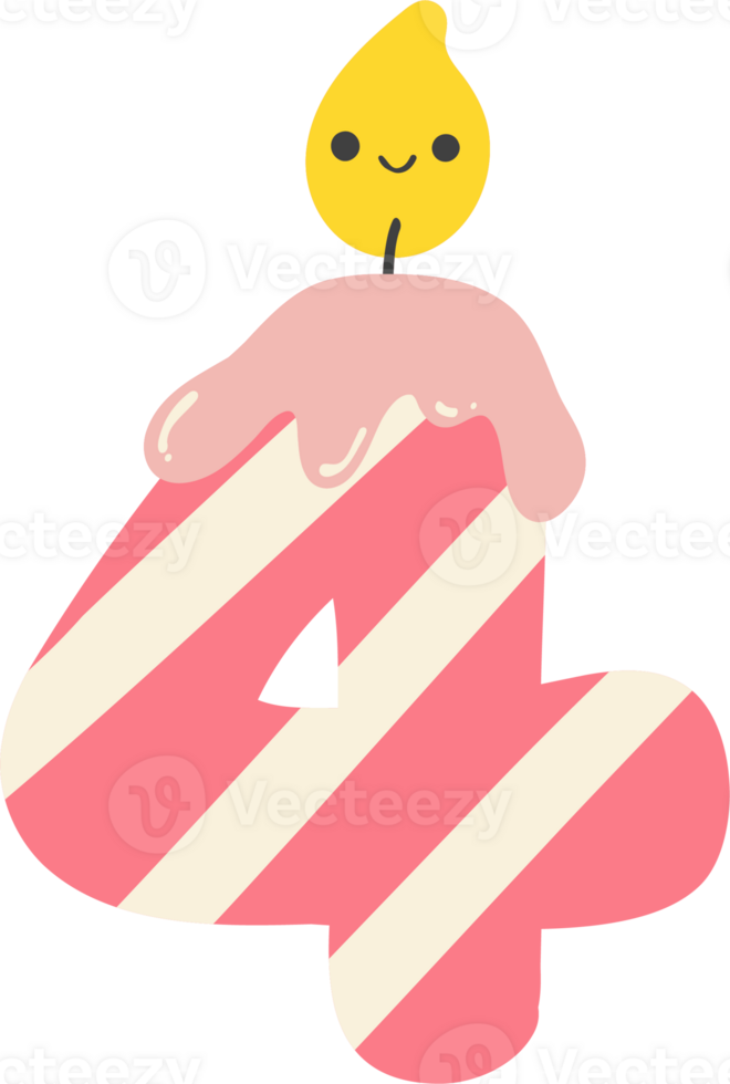 A cartoon number 4 birthday candle with a pink and white striped design. This cheerful and festive image is perfect for any birthday celebration. png