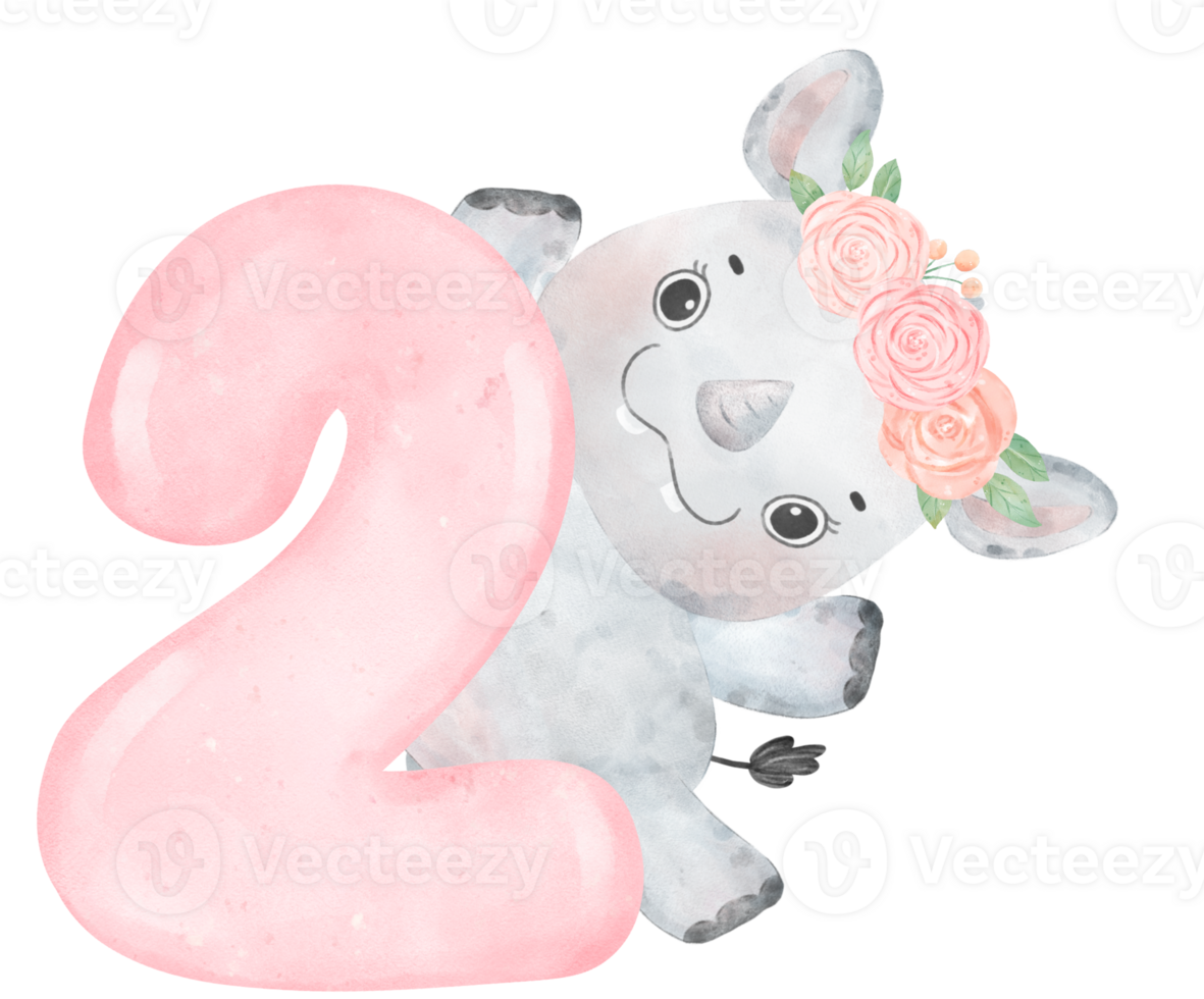 Watercolor Illustration of a Cute and Cheerful Baby Rhinoceros Wearing a Flower Crown with a Pink Number two, 2. png