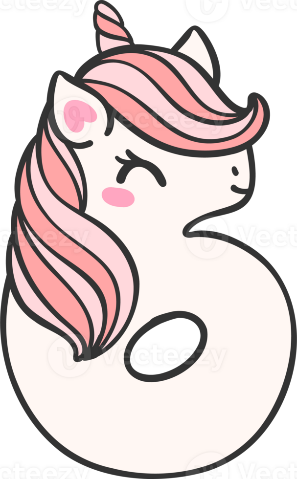 cute unicorn doodle number 6, six is a pink kawaii cartoon illustration with a unicorn head that is perfect for kids. png