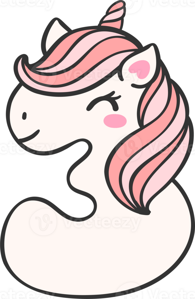 cute unicorn doodle number 3, three is a pink kawaii cartoon illustration with a unicorn head that is perfect for kids. png