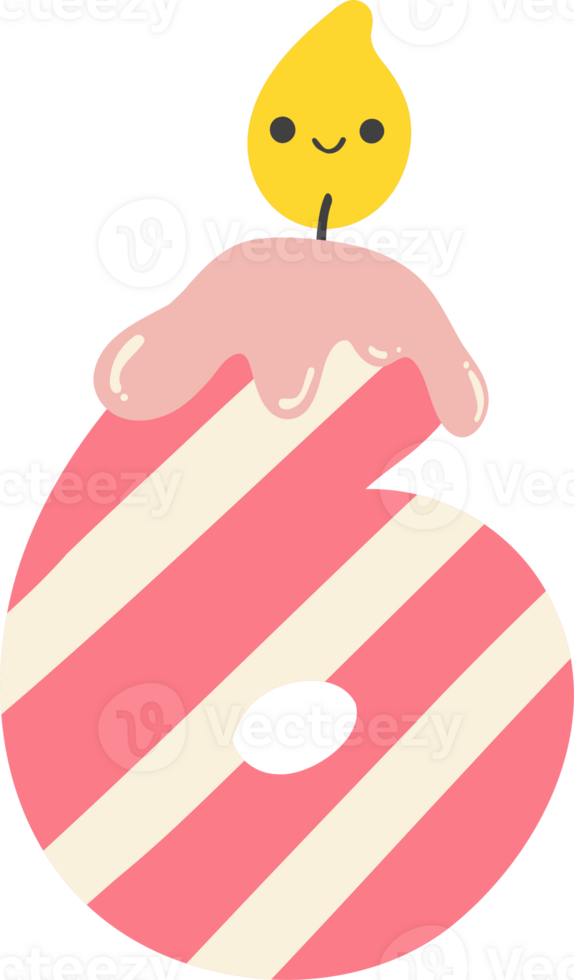 A cartoon number 6 birthday candle with a pink and white striped design. This cheerful and festive image is perfect for any birthday celebration. png
