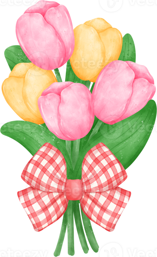 vibrant bouquet de tulipe fleurs avec mignonne arc attacher dans une délicieux pastel aquarelle main dessin png