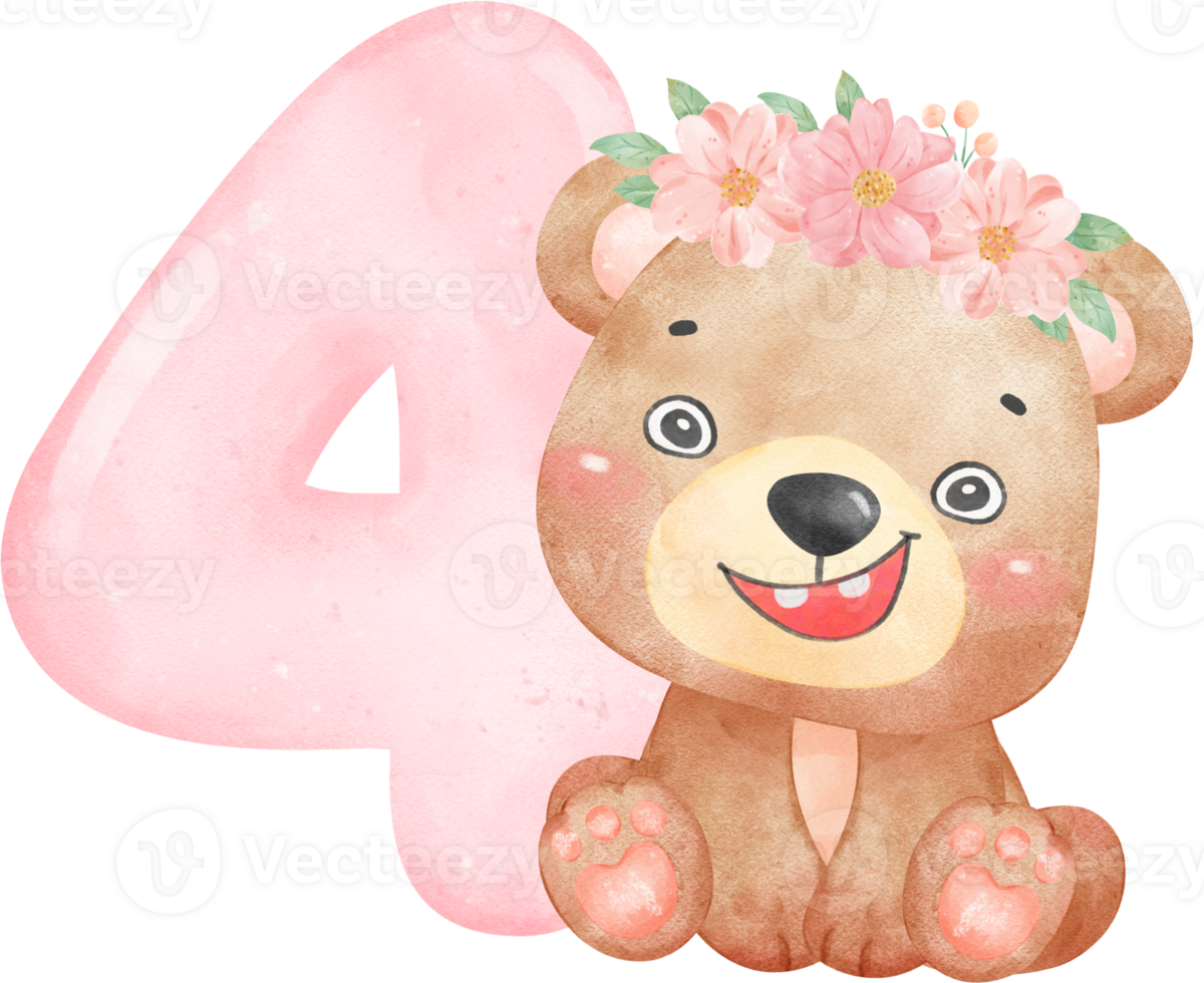 Baby Bear Birthday Girl with Numbers 4, Wearing Flower Crown,Watercolor Nursery PNG Set