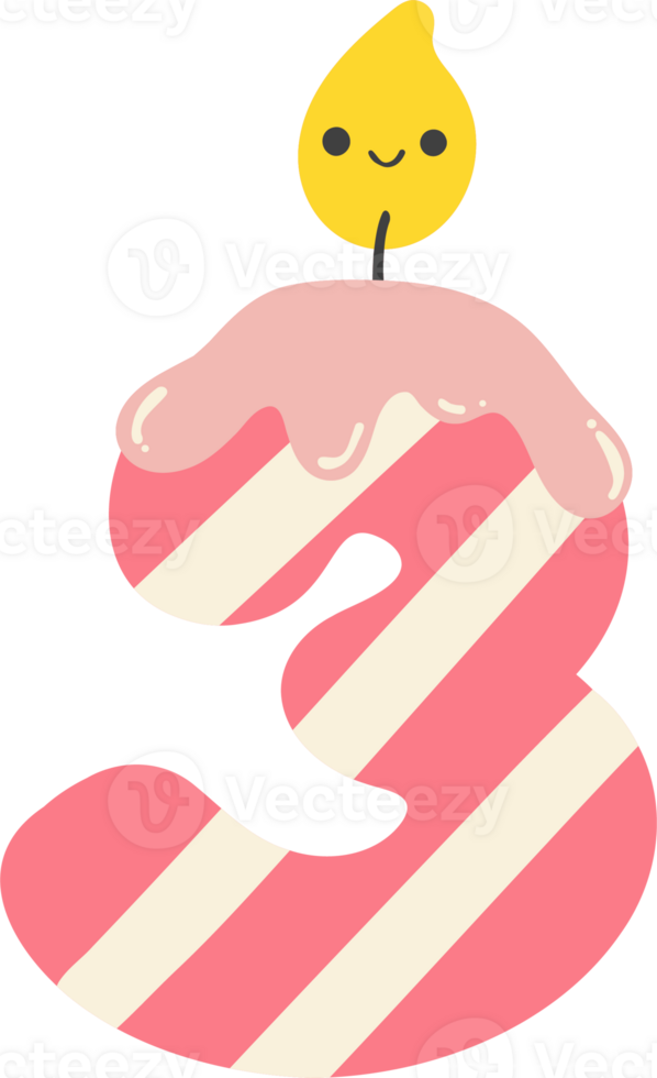 A cartoon number 3 birthday candle with a pink and white striped design. This cheerful and festive image is perfect for any birthday celebration. png