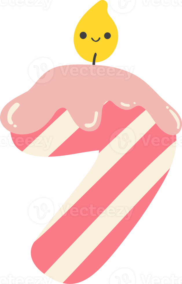 A cartoon number 7 birthday candle with a pink and white striped design. This cheerful and festive image is perfect for any birthday celebration. png