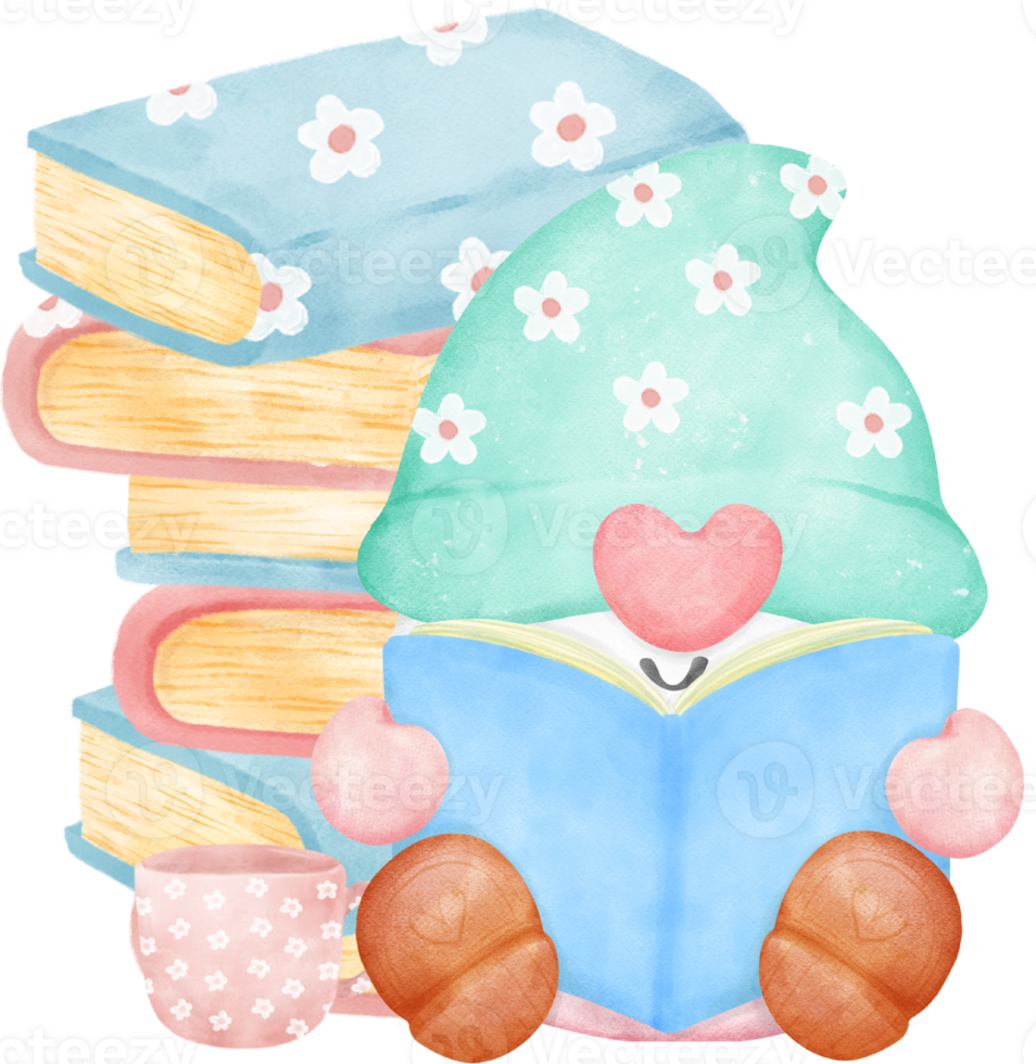 Cheerful Gnome Reading a Book in a Vibrant Watercolor cartoon character hand drawing illustration. Perfect for educational resources, fantasy-themed projects, and creating a cozy atmosphere. png