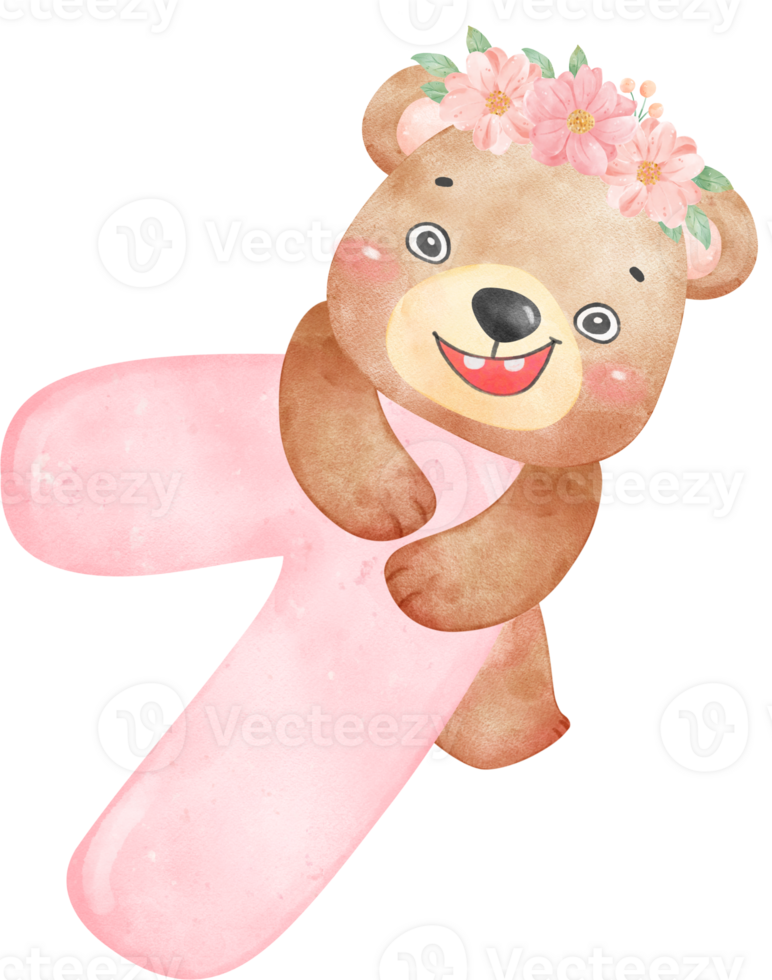 Baby Bear Birthday Girl with Numbers 7, Wearing Flower Crown,Watercolor Nursery PNG Set