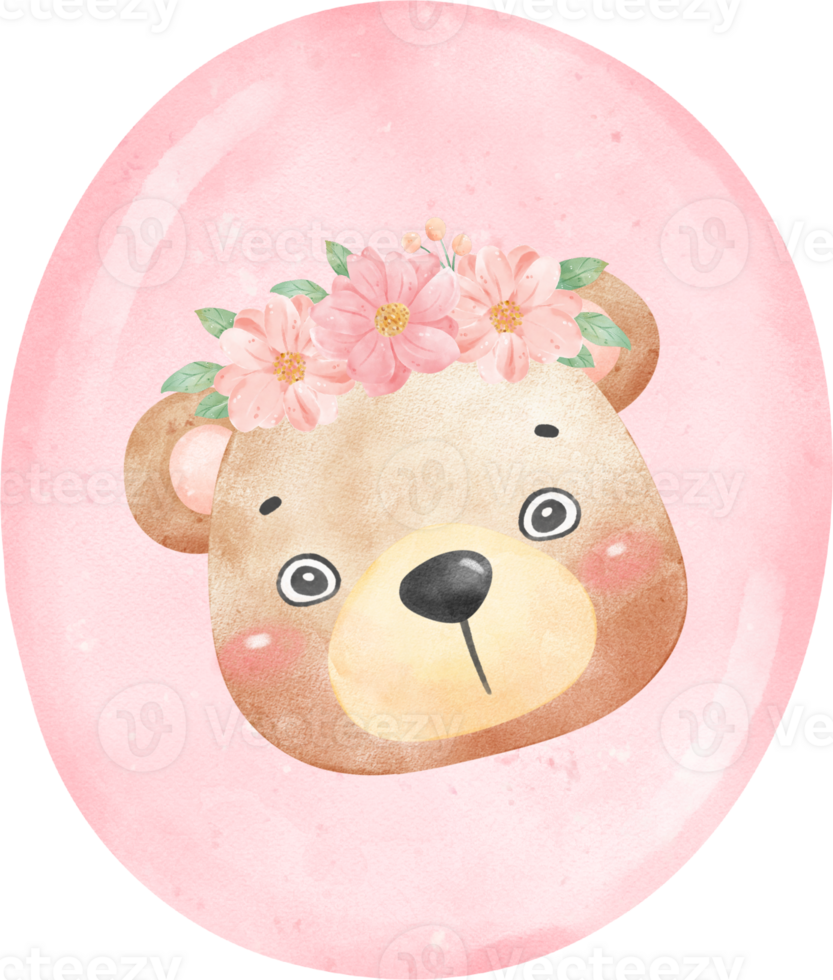 Baby Bear Birthday Girl with Numbers 0 , Wearing Flower Crown,Watercolor Nursery PNG Set
