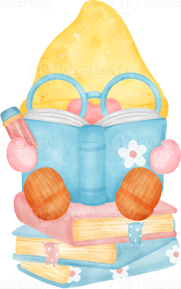 Cheerful Gnome Reading a Book in a Vibrant Watercolor cartoon character hand drawing illustration. Perfect for educational resources, fantasy-themed projects, and creating a cozy atmosphere. png