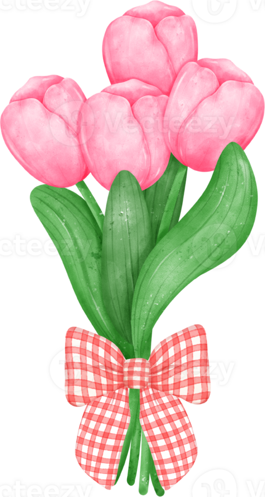 vibrant bouquet de tulipe fleurs avec mignonne arc attacher dans une délicieux pastel aquarelle main dessin png