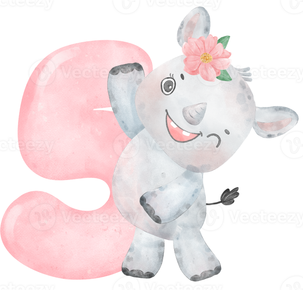 waterverf illustratie van een schattig en vrolijk baby neushoorn vervelend een bloem kroon met een roze aantal vijf, 5. png