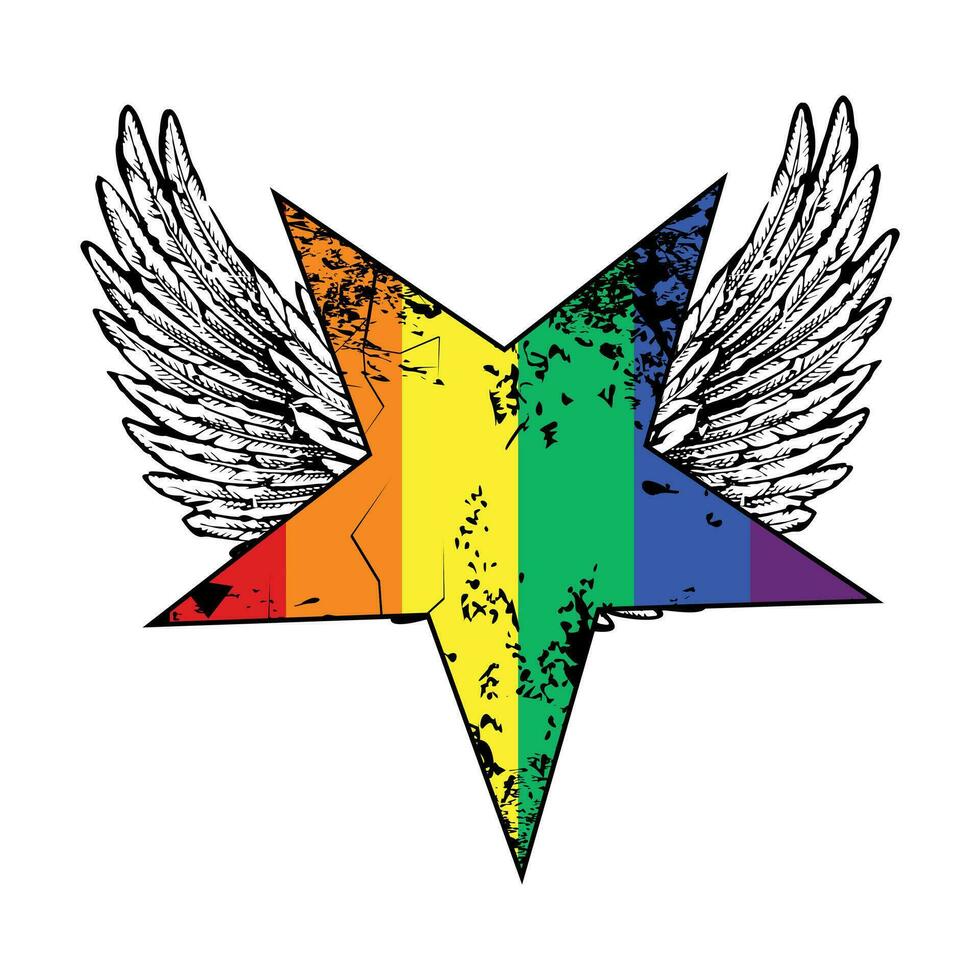 T-shirt design of a five-pointed star with wings and the colors of the rainbow. Vector illustration for gay pride day
