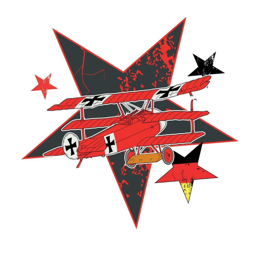 camiseta diseño de un antiguo rojo avión en estrellas con el colores de el alemán bandera. vector ilustración de guerra temas