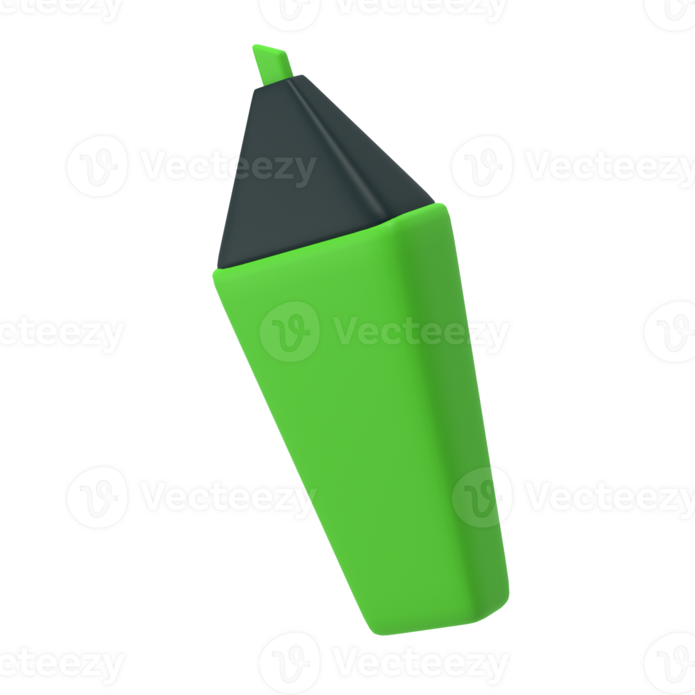 3d green highlighter marker icon for school office. Stationery important message symbol illustration rendering editable isolated with transparent png