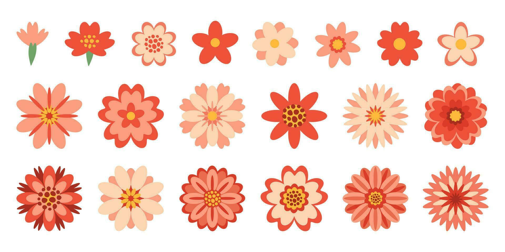 Decorative red flowers set in flat style. Spring summer stickers collection. Vector design elements isolated on white background.