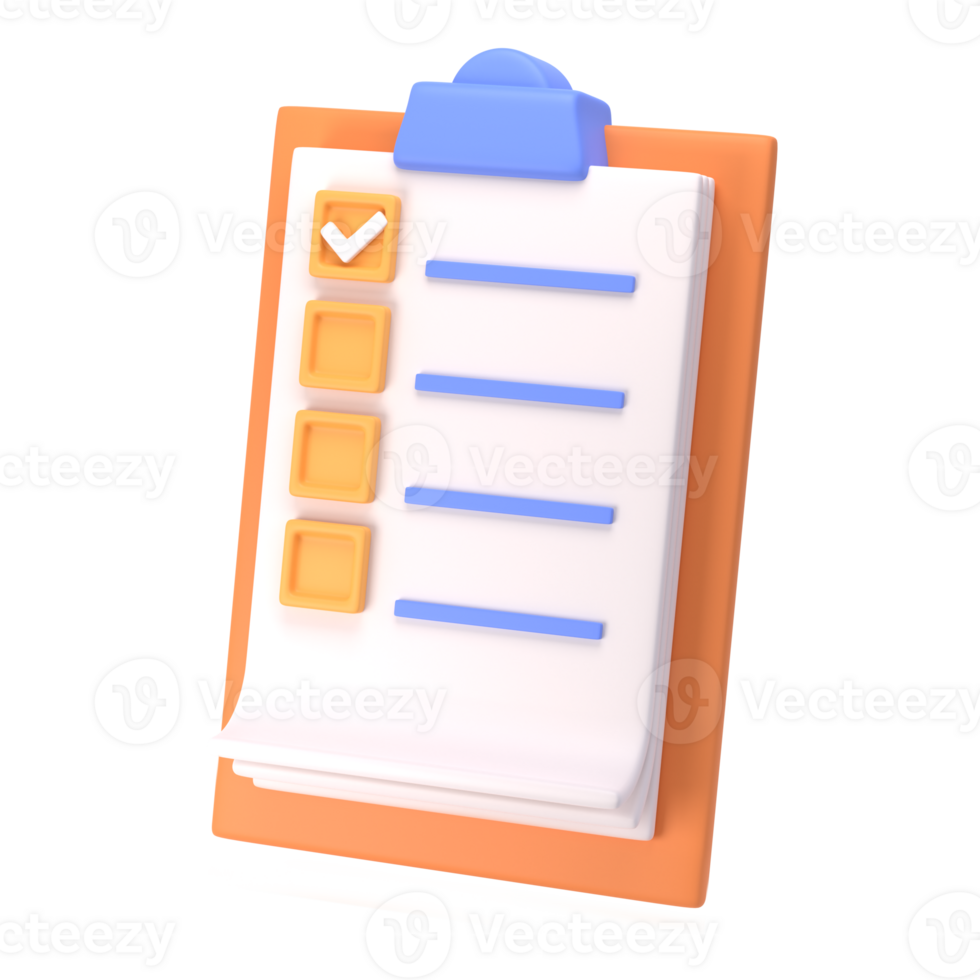 3d white clipboard icon task management todo check list on orange plane background. Work project plan concept, fast checklist, posting plan. isolated with transparent png