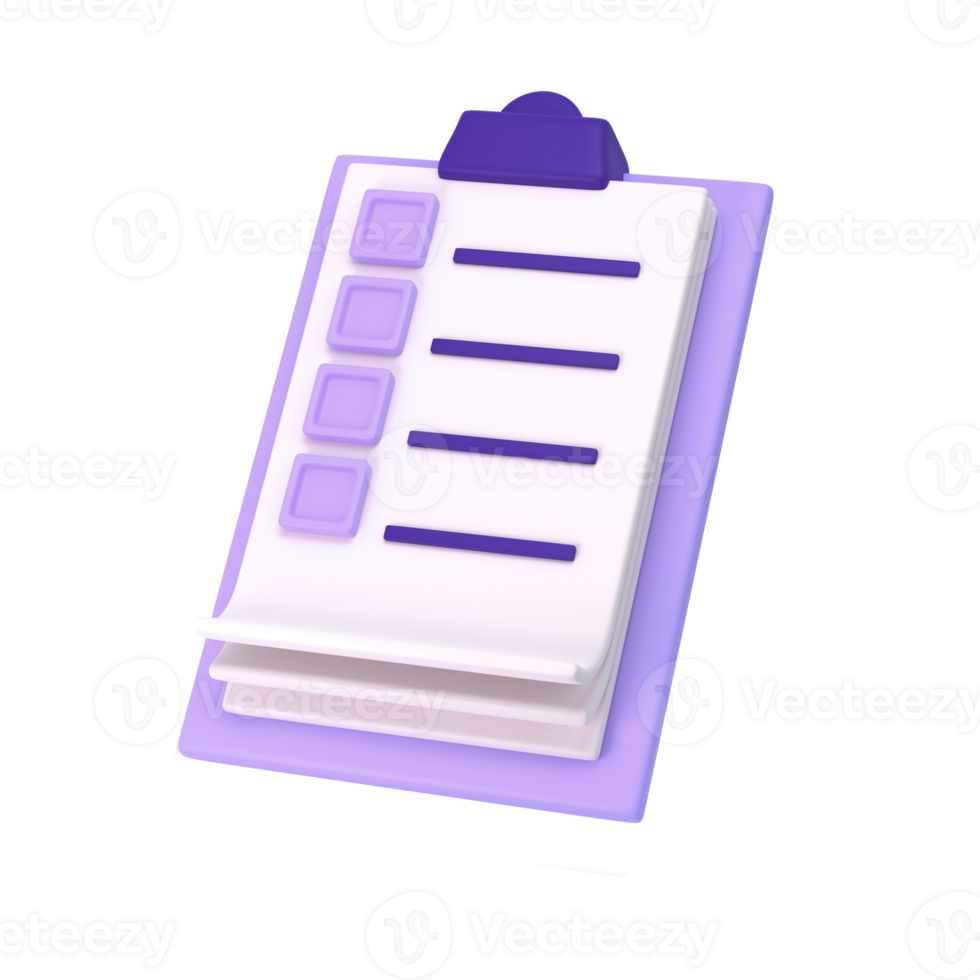 3d white clipboard icon task management todo check list on lilac plane background. Work project plan concept, fast checklist, posting plan. isolated with transparent png