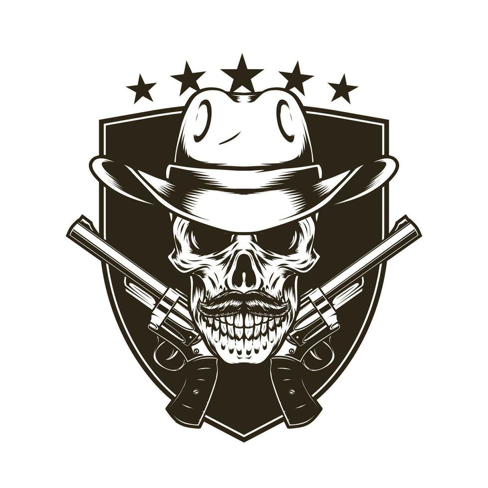 vaquero Insignia diseño con pistola y cráneo ilustración vector