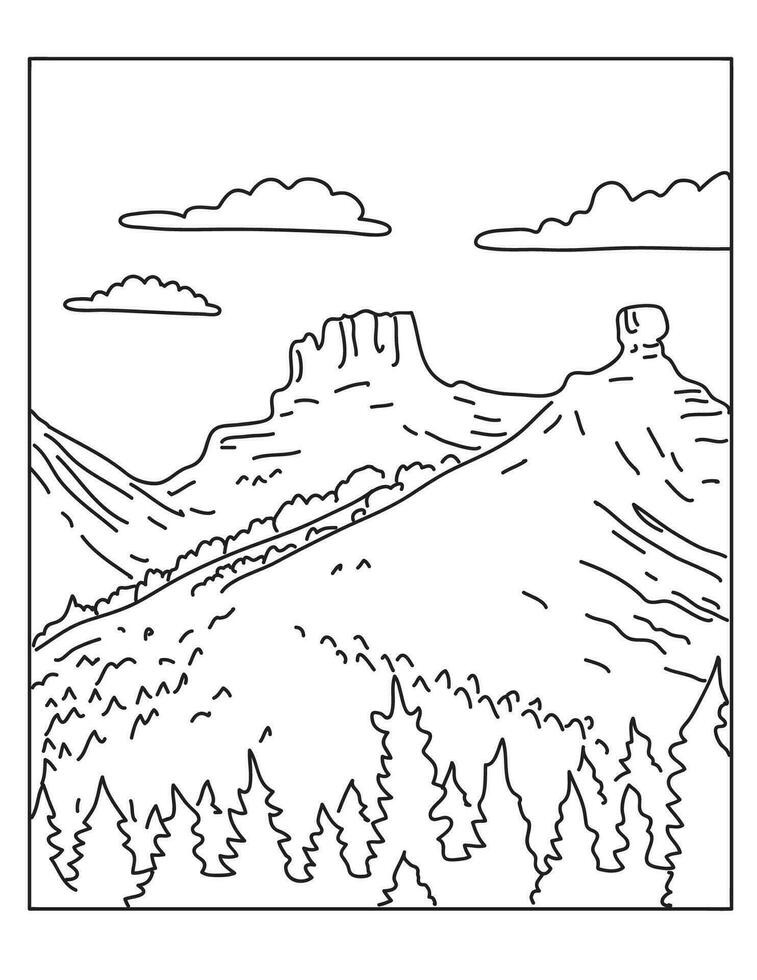 Chimney Rock National Monument in San Juan National Forest Colorado Mono Line Art vector