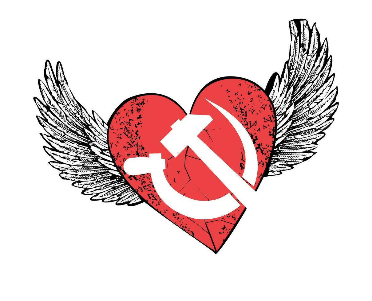 T-shirt design of a winged red heart with the symbol of communism isolated on white. Vector illustration of a hammer and sickle for stickers.