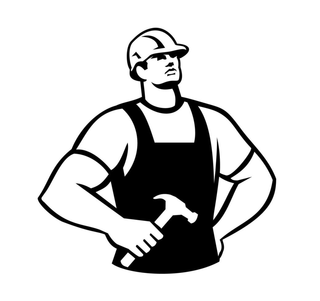 Carpenter Handyman Holding Hammer Looking Up Front Retro vector