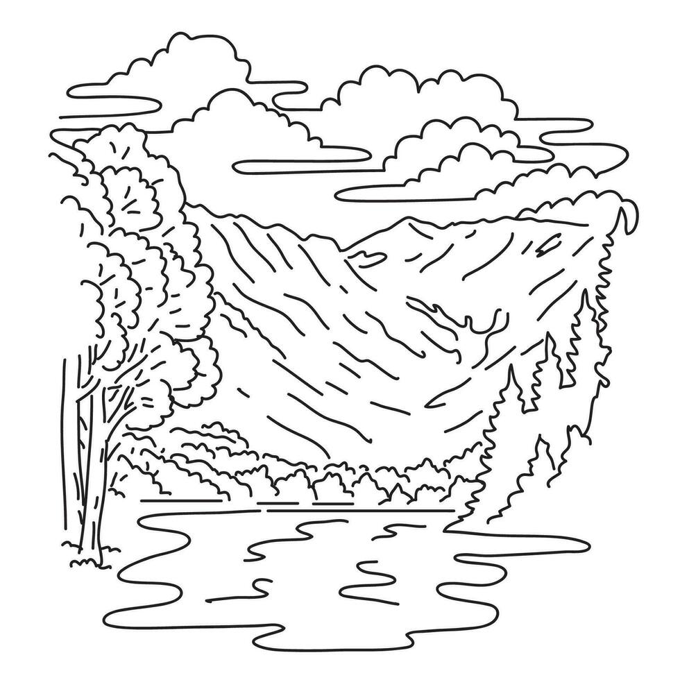 Chubu-Sangaku National Park in the Chubu Region of Japan Mono Line Art vector