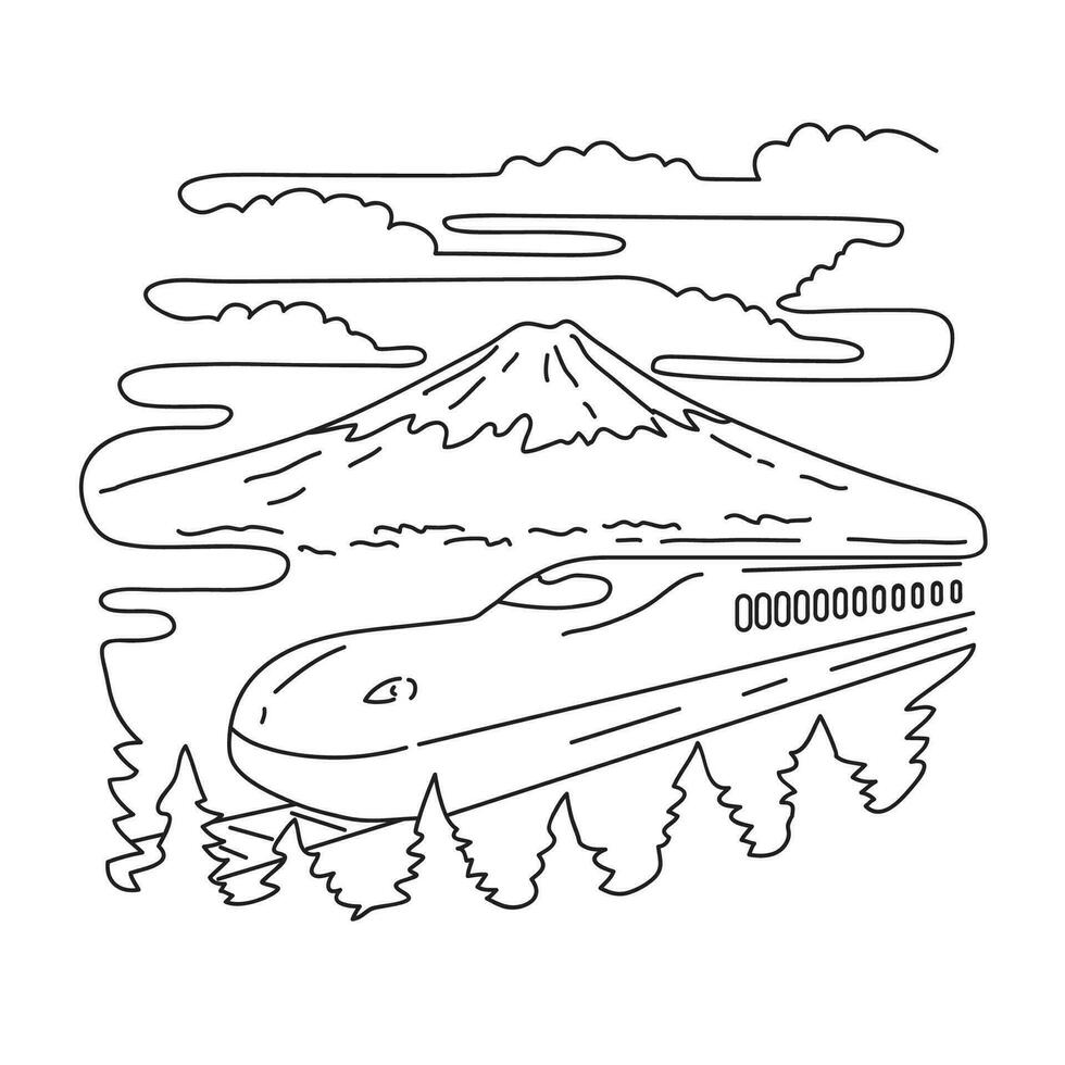 Mount Fuji and Shinkansen Bullet Train in Japan Mono Line Art vector