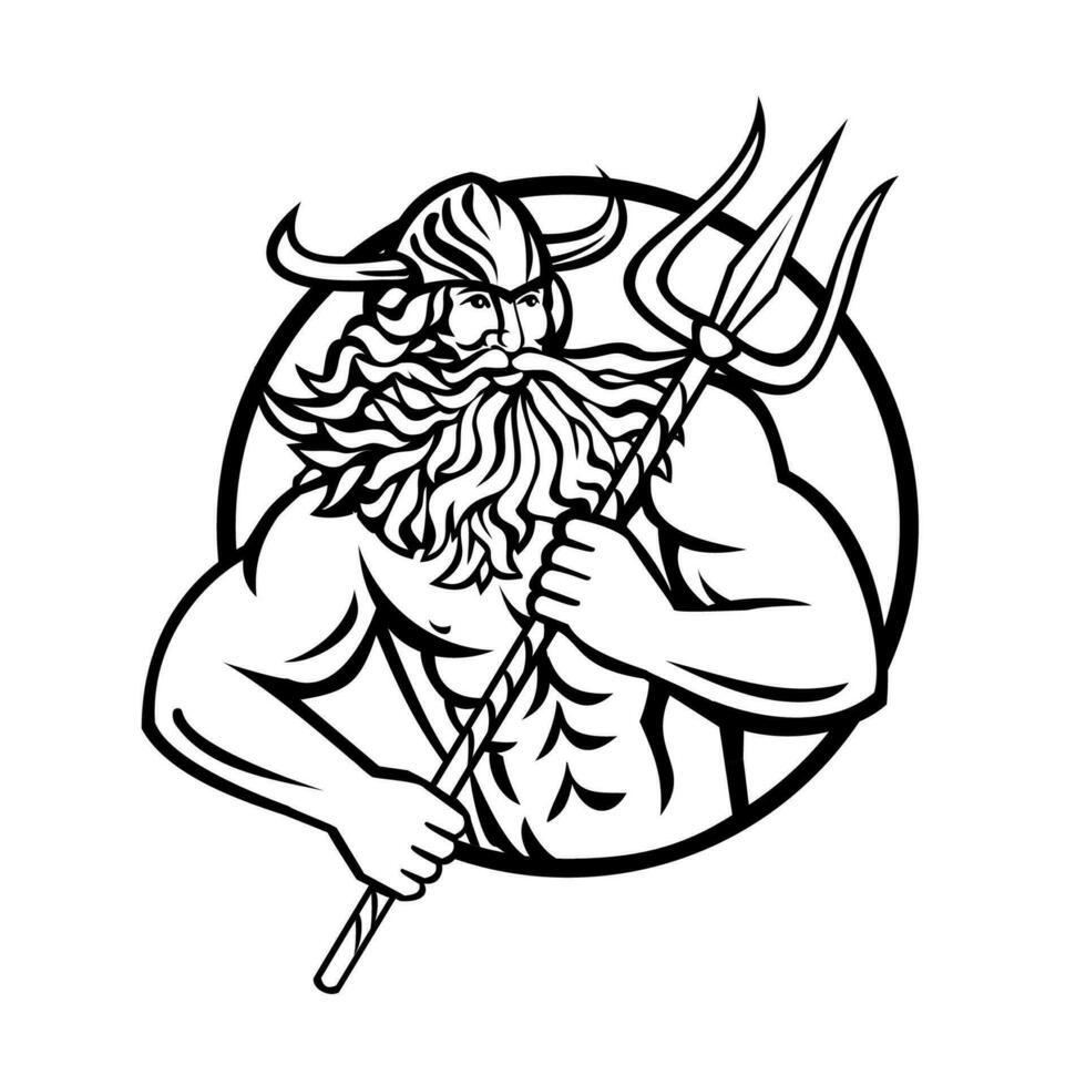 Aegir Hler or Gymir God of Sea in Norse Mythology with Trident Circle Mascot vector