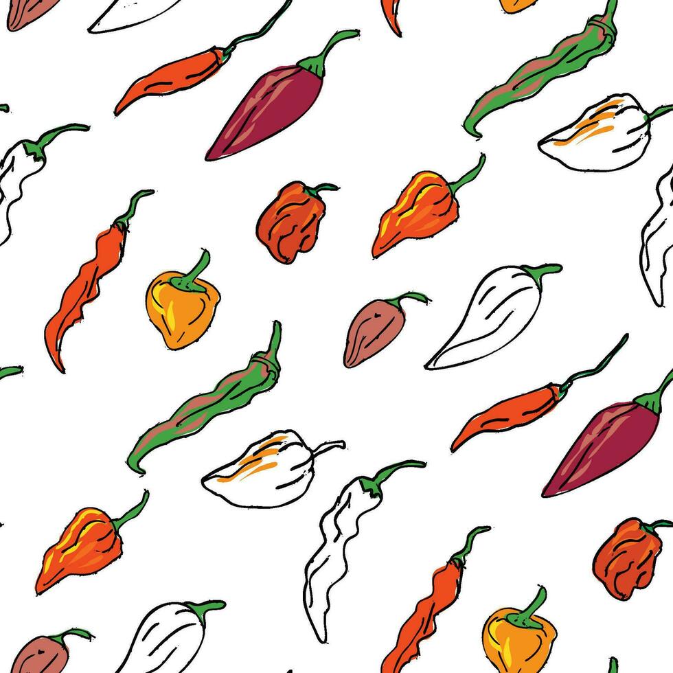 Seamless Pattern of the Different Hot Chili Peppers Drawing vector