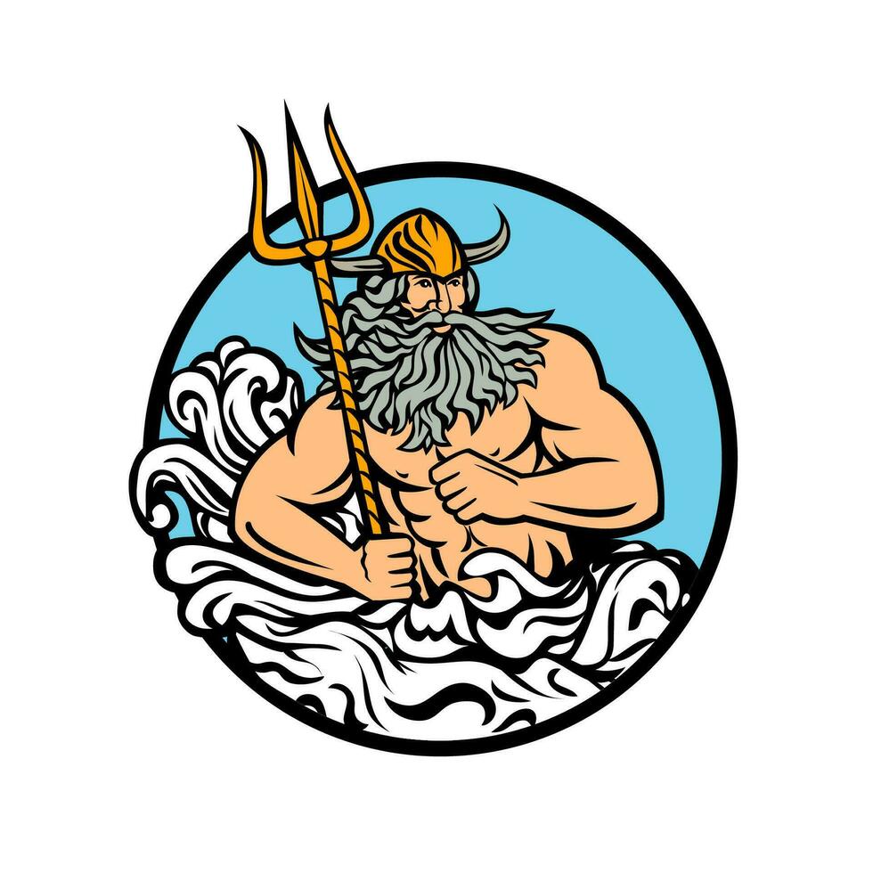 Aegir hler o gymir Dios de el mar en nórdico mitología con tridente y olas circulo mascota vector