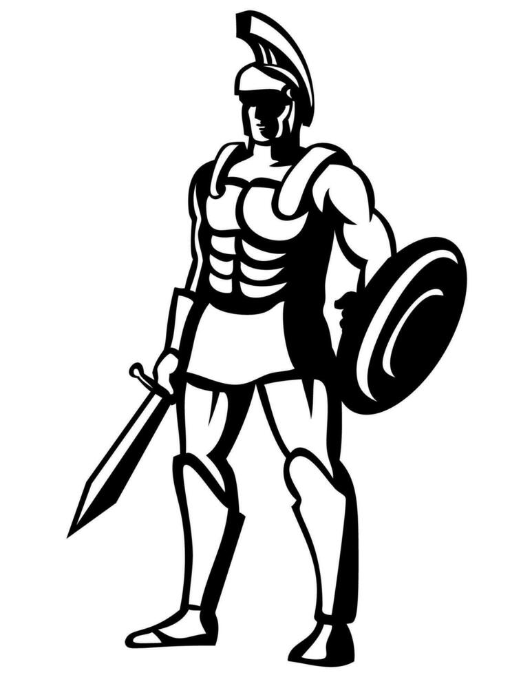 Roman Centurion Standing with Sword and Shield Front View Retro Style vector