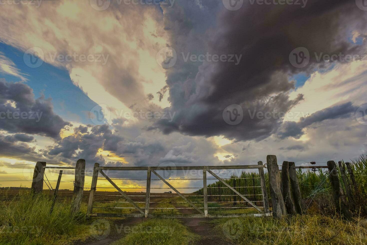 Countryside gate Stormy with a stormy sky in the background, La Pampa province, Patagonia, Argentina. photo