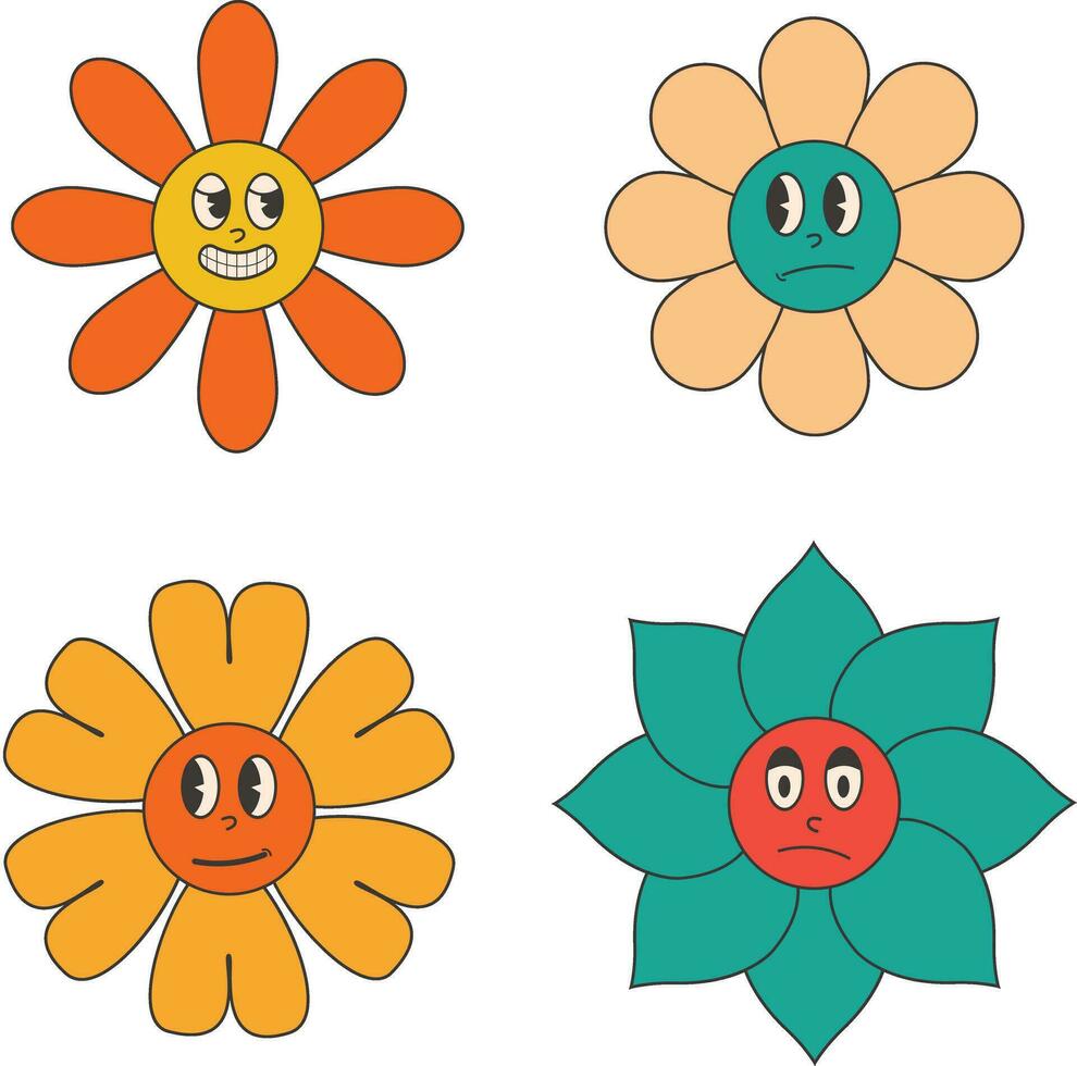 Groovy Flower Retro. Funny happy daisy with eyes and smile. Sticker pack in trendy retro trippy style. Isolated vector illustration.