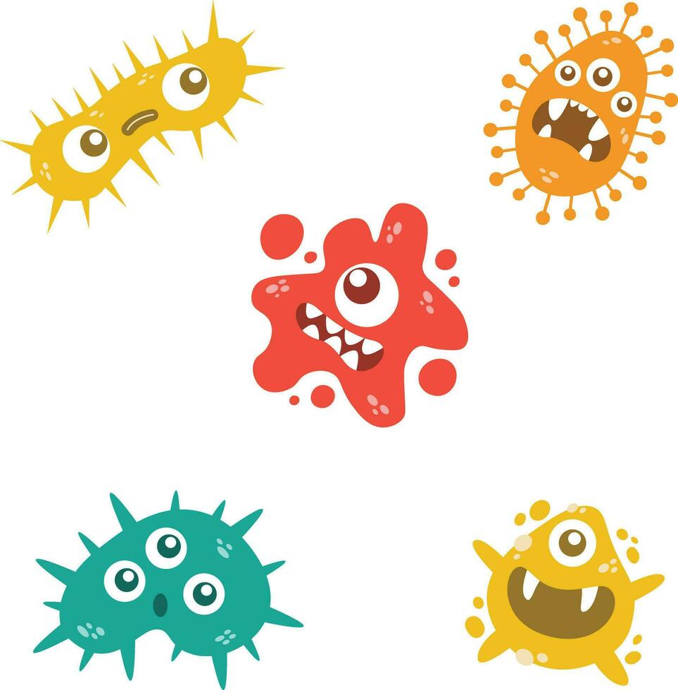 Cute Virus Character. Bacterial and microbial infection cute cartoon character isolated on white background. Vector illustration