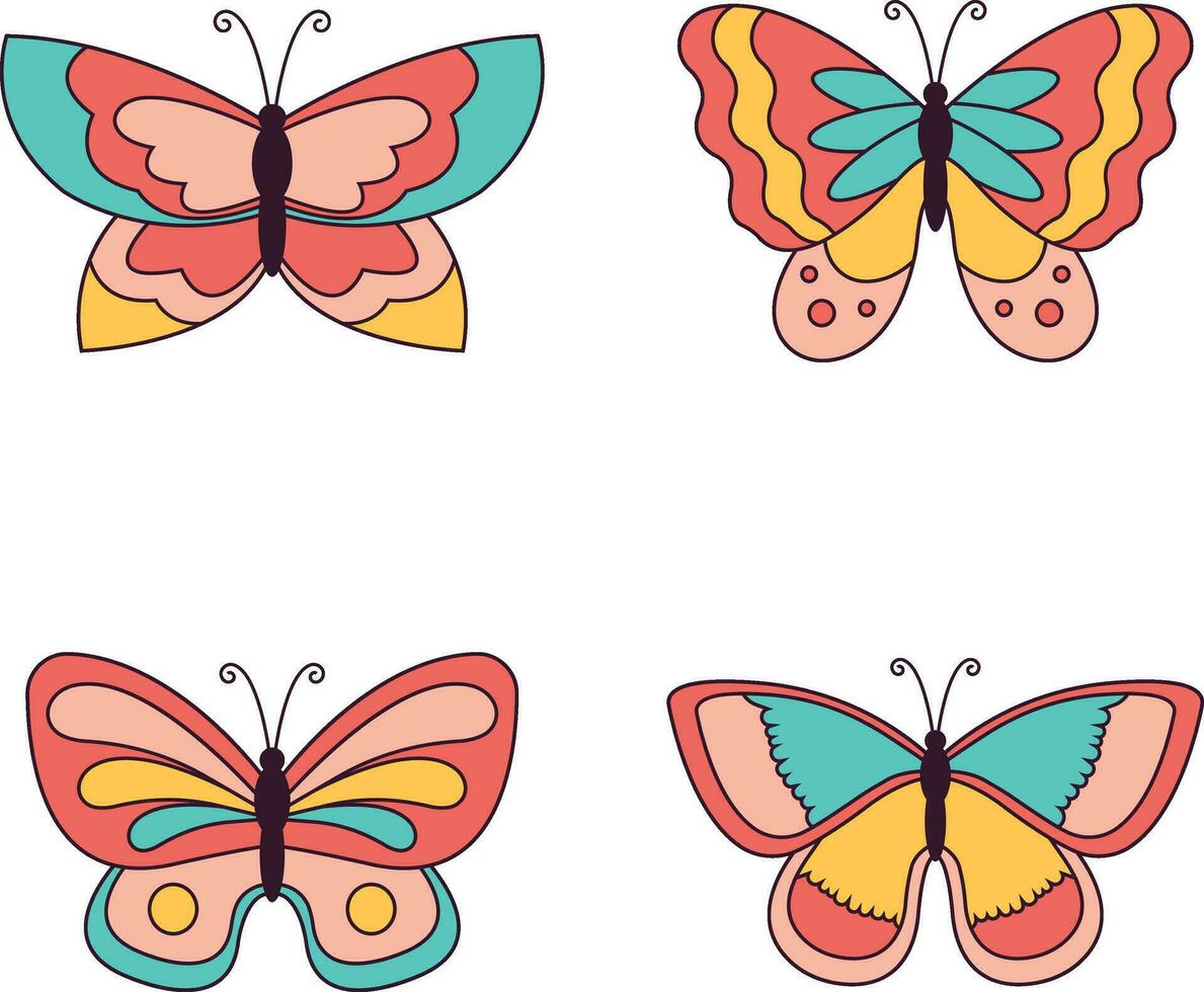 Retro Butterfly, daisy, flower stickers. Hippie 60s 70s elements. Floral romantic sign and symbols in trendy cute retro style.Vector illustration vector