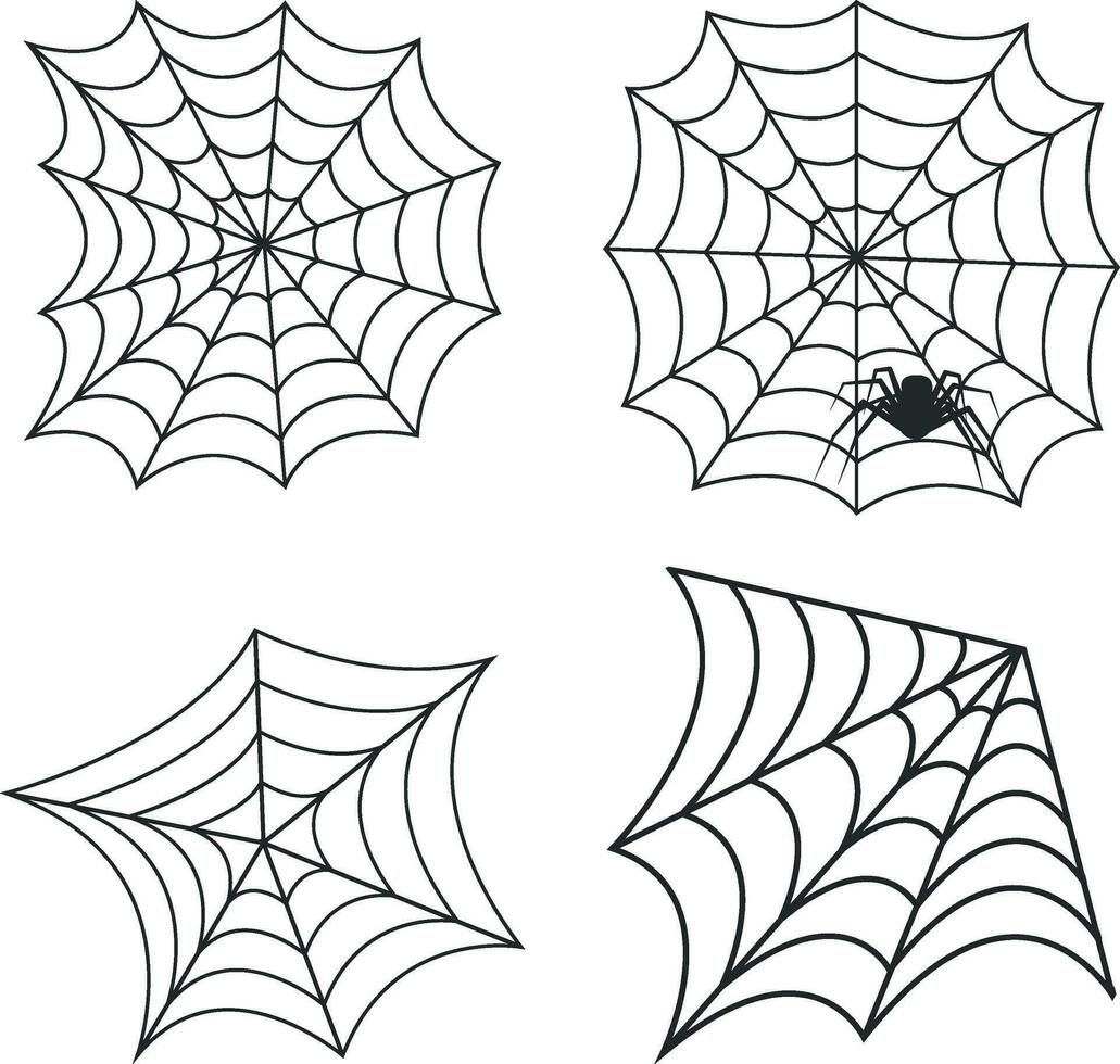Halloween Spider Web. Spooky Halloween cobweb with spiders. Outline vector illustration