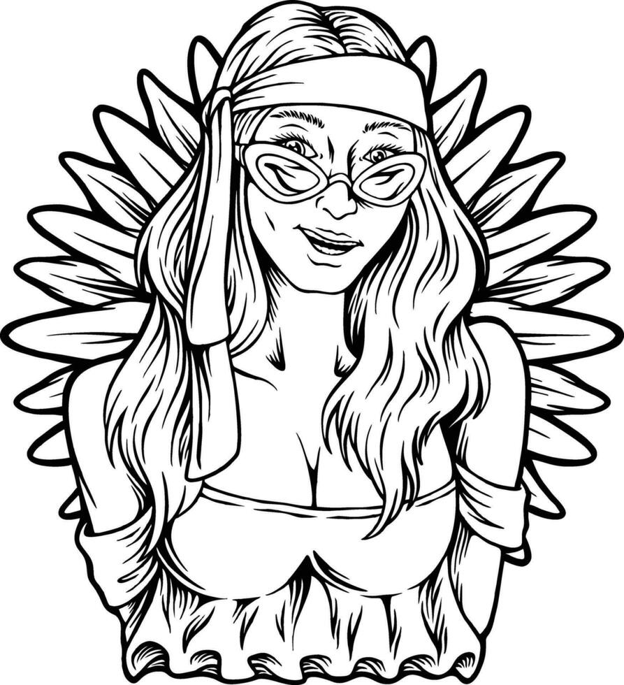 Expressive eclecticism boho inspired hippie girl monochrome vector illustrations for your work logo, merchandise t-shirt, stickers and label designs, poster, greeting cards advertising business