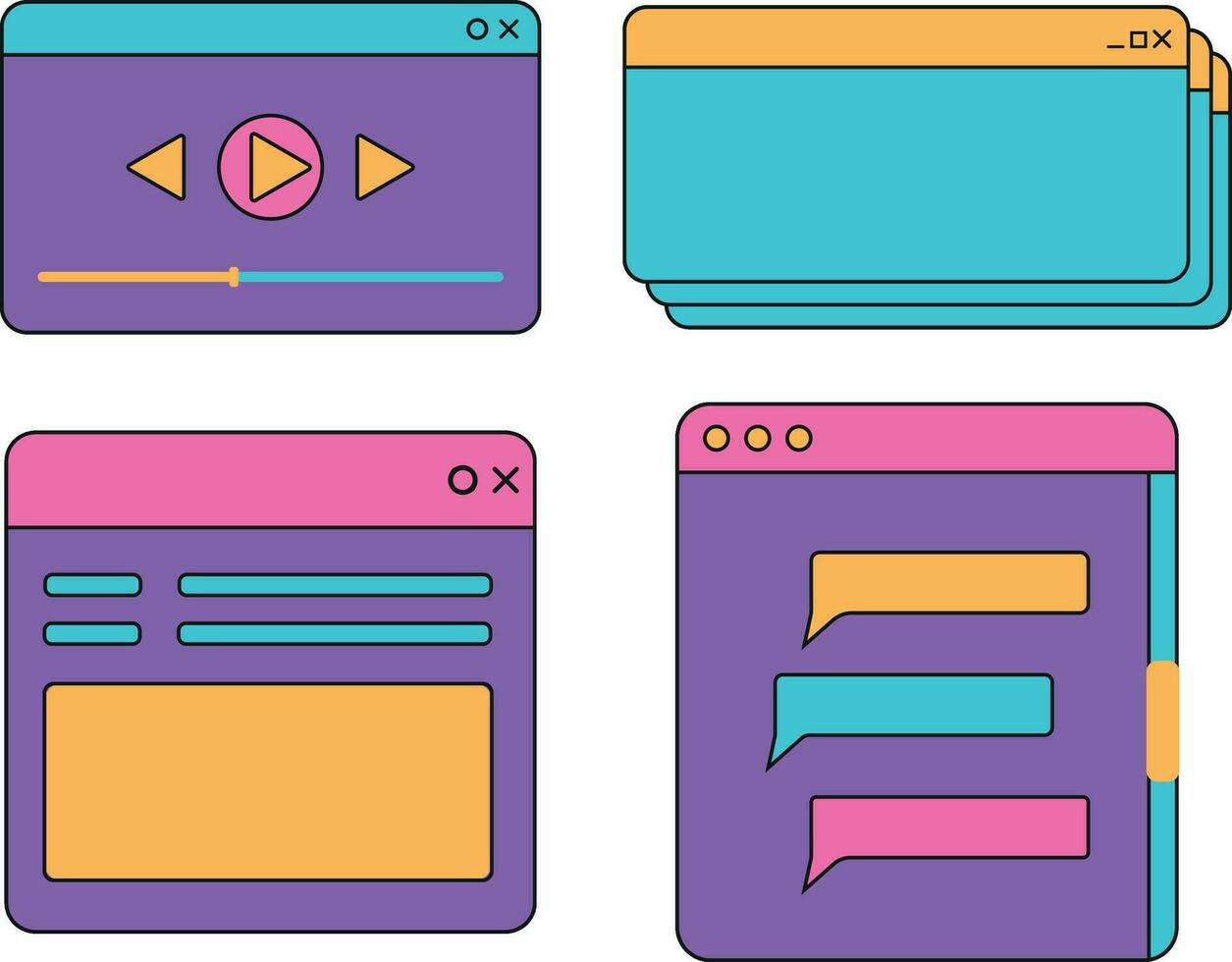 Retro Ui shape. Social media stories and posts with old computer aesthetic ui elements vector set. Illustration of retro groovy abstract interface