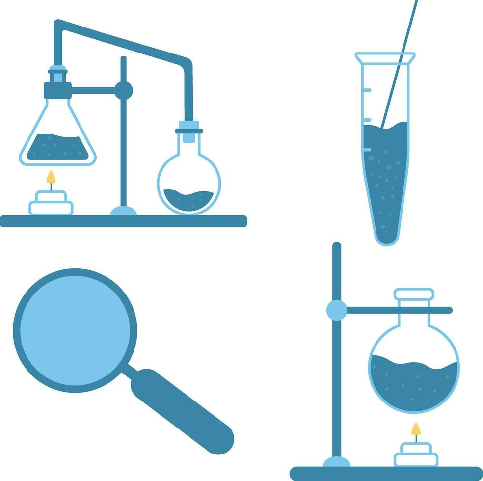 Ciencias laboratorio equipo. prueba tubo, microscopio, átomo y molécula símbolo. vector ilustración