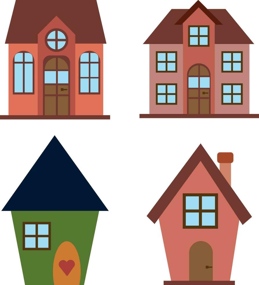 Cute House. Cartoon small town house, minimalist city building, minimal suburban housing vector illustration icon set.