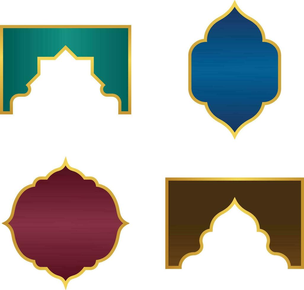 Frame Ramadan. Islamic windows and arches with modern boho design, mosque dome and lanterns.Vector Pro vector