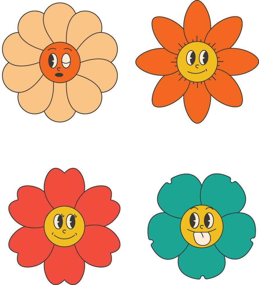 Groovy Flower Retro. Funny happy daisy with eyes and smile. Sticker pack in trendy retro trippy style. Isolated vector illustration.
